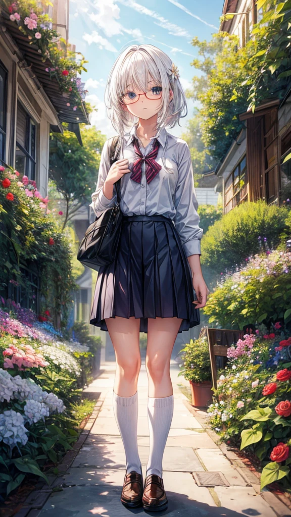 a girl, wearing school clothes, wearing glasses, white hair, standing in front of the flower garden