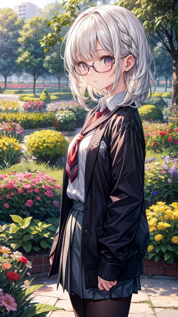 a girl, wearing school clothes, wearing glasses, white hair, standing in front of the flower garden