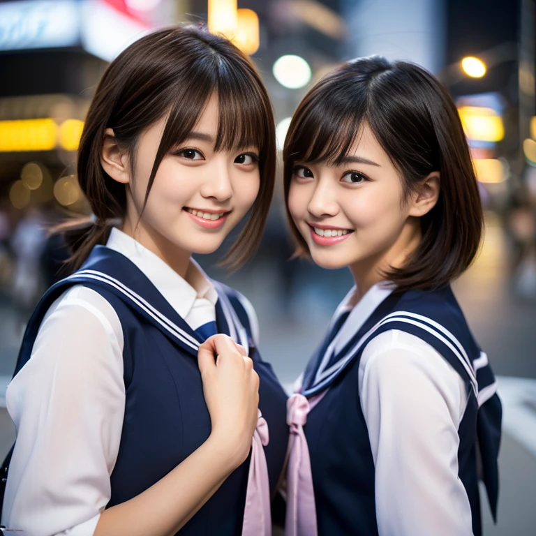 (a trio of gorgeous ladies, in their 20s, at Tokyo. They are dressed in Japanese fashion, Serafuku, Seifuku, Sailor Uniform, JK Uniform Cosplay, Button Details, feminine, random & natural pose under night sky, beautiful detailed face, beautiful detailed eyes, dimpled smile, kind & friendly smile, short straight hair, bob hair, ponytail, cute snaggletooth, ample round bosom, medium chest, strengthened chest, healthy body proportion, photorealistic, hyper-realism, high contrast, ultra HD, realistic skin textures, top image quality, top-quality, super high resolution, fine details, very meticulously, bokeh background, the_cowboy_shot, vivid colours,) #GTO #GreatTeacherOnizuka