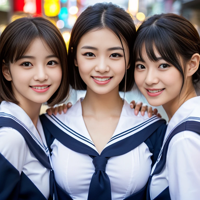 (a trio of gorgeous ladies, in their 20s, at Tokyo. They are dressed in Japanese fashion, Serafuku, Seifuku, Sailor Uniform, JK Uniform Cosplay, Button Details, feminine, random & natural pose under night sky, beautiful detailed face, beautiful detailed eyes, dimpled smile, kind & friendly smile, short straight hair, bob hair, ponytail, cute snaggletooth, ample round bosom, medium chest, strengthened chest, healthy body proportion, photorealistic, hyper-realism, high contrast, ultra HD, realistic skin textures, top image quality, top-quality, super high resolution, fine details, very meticulously, bokeh background, the_cowboy_shot, vivid colours,) #GTO #GreatTeacherOnizuka