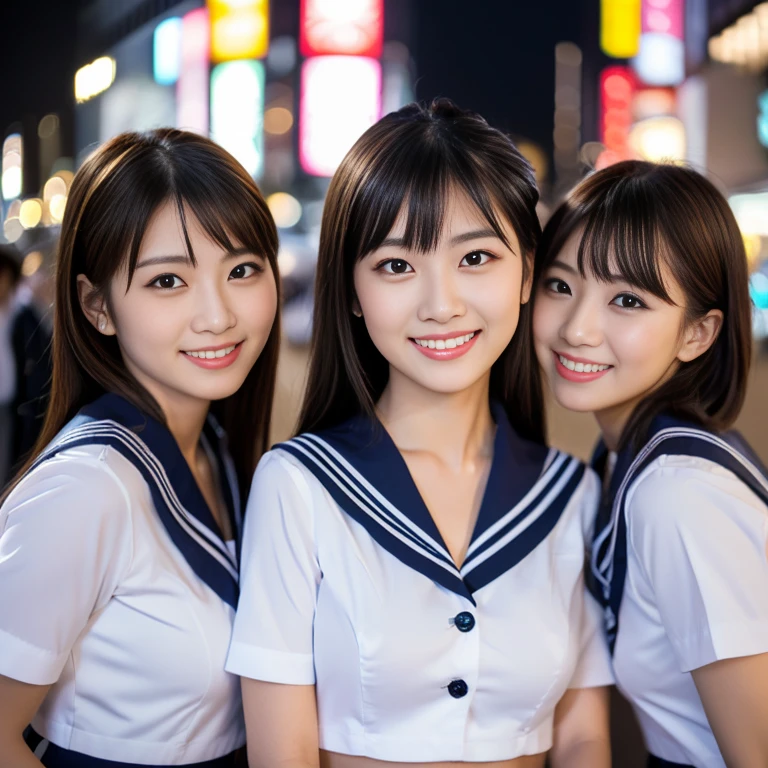 (a trio of gorgeous ladies, in their 20s, at Tokyo. They are dressed in Japanese fashion, Serafuku, Seifuku, Sailor Uniform, JK Uniform Cosplay, Button Details, feminine, random & natural pose under night sky, beautiful detailed face, beautiful detailed eyes, dimpled smile, kind & friendly smile, short straight hair, bob hair, ponytail, cute snaggletooth, ample round bosom, medium chest, strengthened chest, healthy body proportion, photorealistic, hyper-realism, high contrast, ultra HD, realistic skin textures, top image quality, top-quality, super high resolution, fine details, very meticulously, bokeh background, the_cowboy_shot, vivid colours,) #GTO #GreatTeacherOnizuka