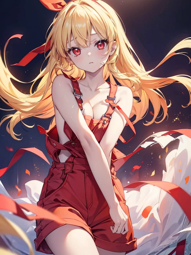 RED_Ribbon_on_HAIR_band,warm light, from below, upper body, ((cute girl, baby face, slender, Blonde hair, red eyes)), cleavage, collarbone, large breast, naked_overalls, no expression, half closed eyes, hands between legs