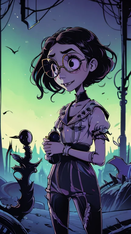 best quality,masterpiece,1girl,solo,(((13years old))),japanese girl,an extremely cute and handsome girl,highly detailed beautiful face and eyes,petit,cute face,lovely face,baby face,shy smile,show teeth, Black hair,short hair,flat chest,skinny,slender,(((wearing a Mirabel, glasses))),(((standing in Dark Midnight gothichorrorai Disneyland))),she is looking at the viewer, TimBurton Animation style,upper body