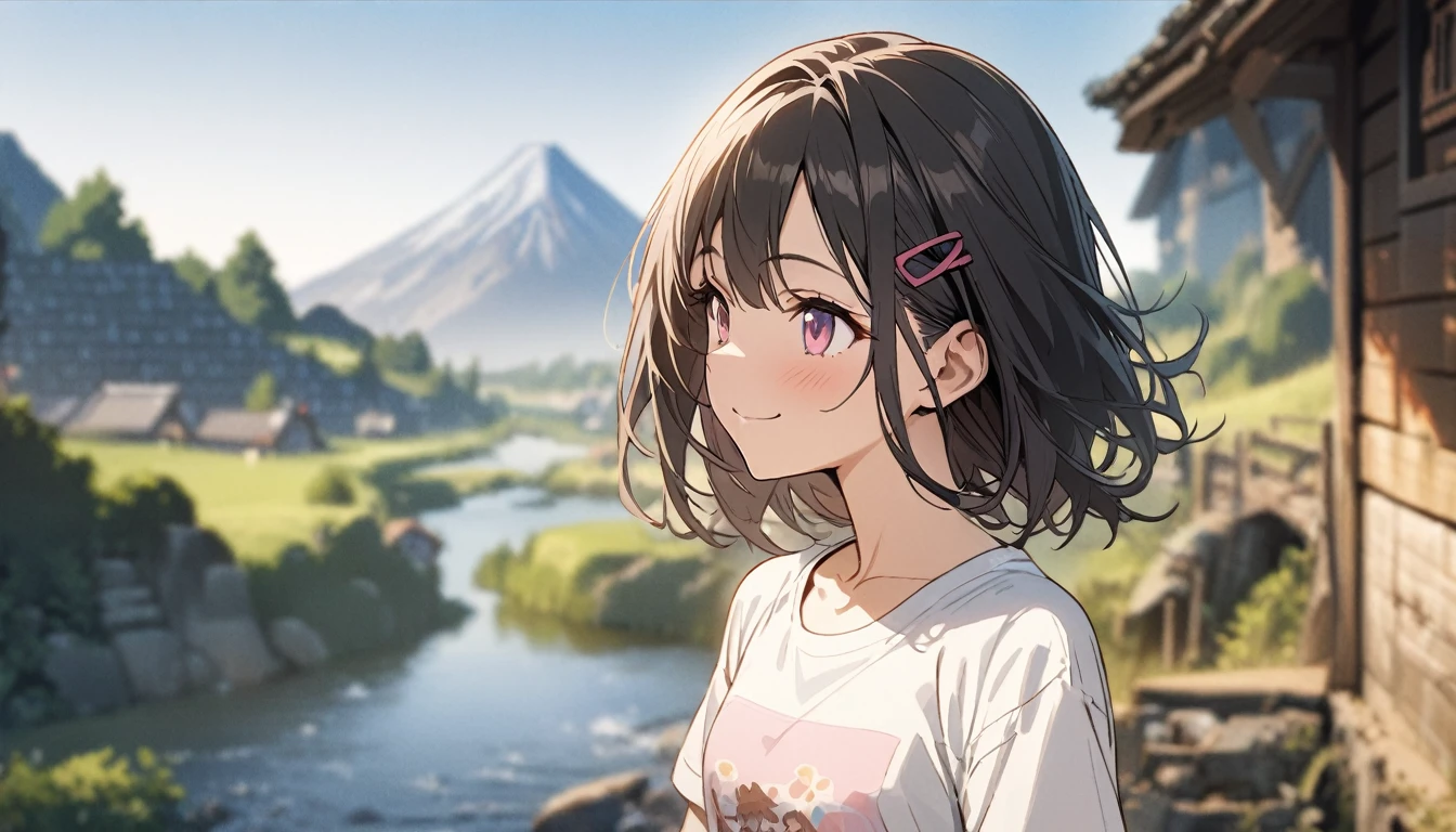 one girl, silver short hair and bob hair、I tied my hair in a bun with a hair clip..、beautiful pink eyes、smile、gentle smile on her face、flat chest, one Beautiful girl,((masterpiece, illustration, best quality) ((ultra-detailed)) realisticlying, 1 girl, Beautiful, black hair, not windy, morning, outdoor, village, river, wearing a t-shirt, montain. (Blur background 10%)
