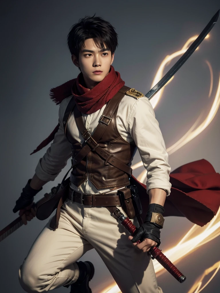 1 Handsome chinese slim guy wearing Mikasa costume, Masterpiece, Best quality, A high resolution, Short hair, Black eyes, Scarf, emblem, belt, thigh band, Red scarf, White pants, Brown jacket, Long sleeves, holding weapon, sword, dual wielding, Three-dimensional electric gear, Arms spread wide, standing on one leg, Wide shot, sky, Highest quality, high resolution.