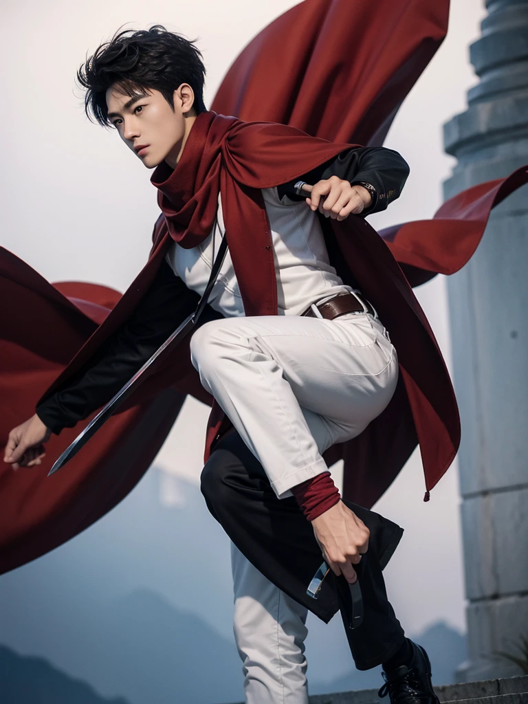 1 Handsome chinese slim guy wearing Mikasa costume, Masterpiece, Best quality, A high resolution, Short hair, Black eyes, Scarf, emblem, belt, thigh band, Red scarf, White pants, Brown jacket, Long sleeves, holding weapon, sword, dual wielding, Three-dimensional electric gear, Arms spread wide, standing on one leg, Wide shot, sky, Highest quality, high resolution.
