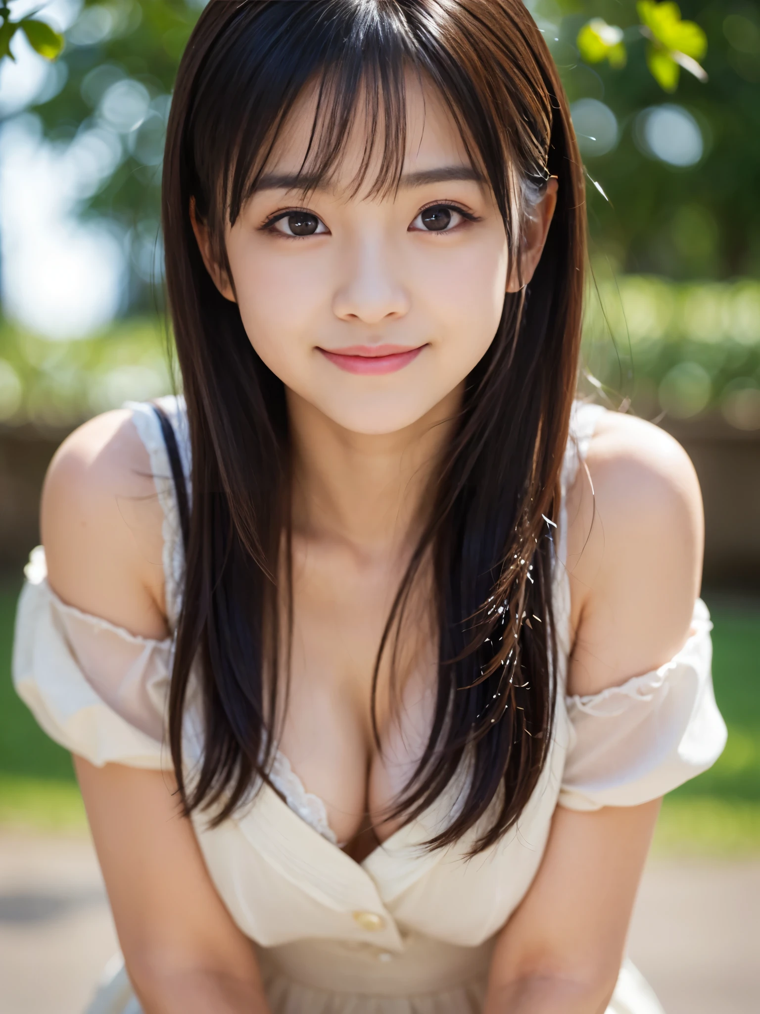 (Best-quality, Masterpiece, Ultra-High-Resolution, (Photorealistic:1.4), Raw Photo, depth of field, professional lighting, perfect anatomy, extremely details), 1girl, 14-years-old, the most famous Japanese idol, cowboy shot, (((extremely cute and extremely big black-eyes, extremely cute long-eyelashes))), (((extremely beautiful and extremely realistic skins))), ((extremely cute face like the most popular Japanese idol, extremely cute lips)), (((innocent smile))), perfect-proportion