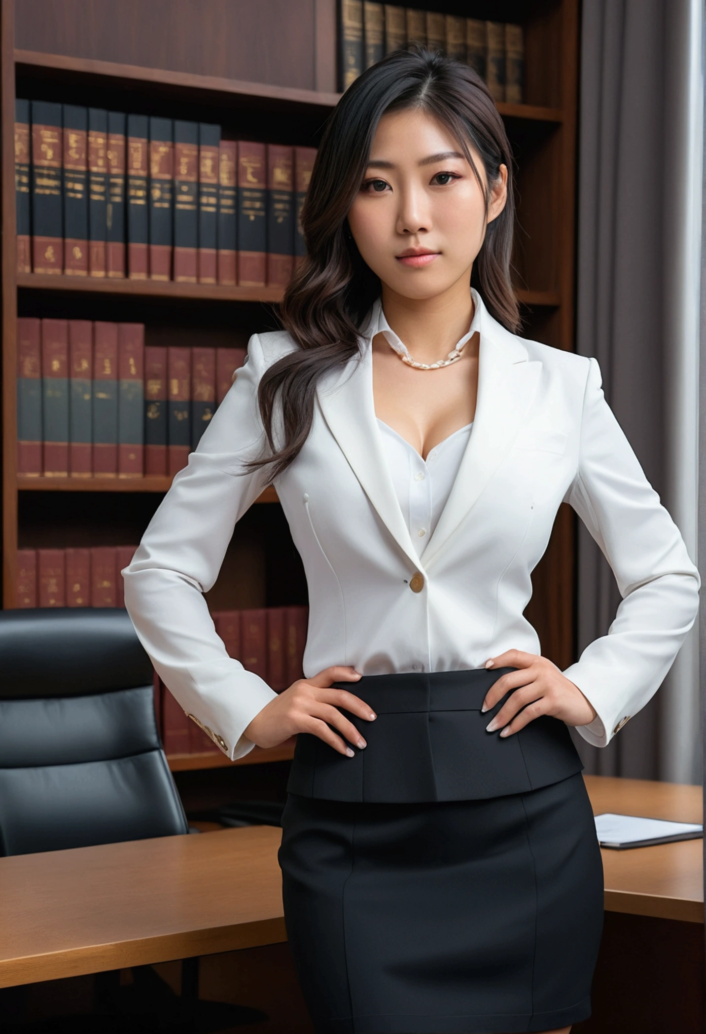 Best Quality, High Quality,Ultra Quality, 8k portrait , insanely detailed face,Japanese woman,27 years old,new employee ,enormous breasts ,black Business women's suit skirt,cowboy shot,lawyer professionals 