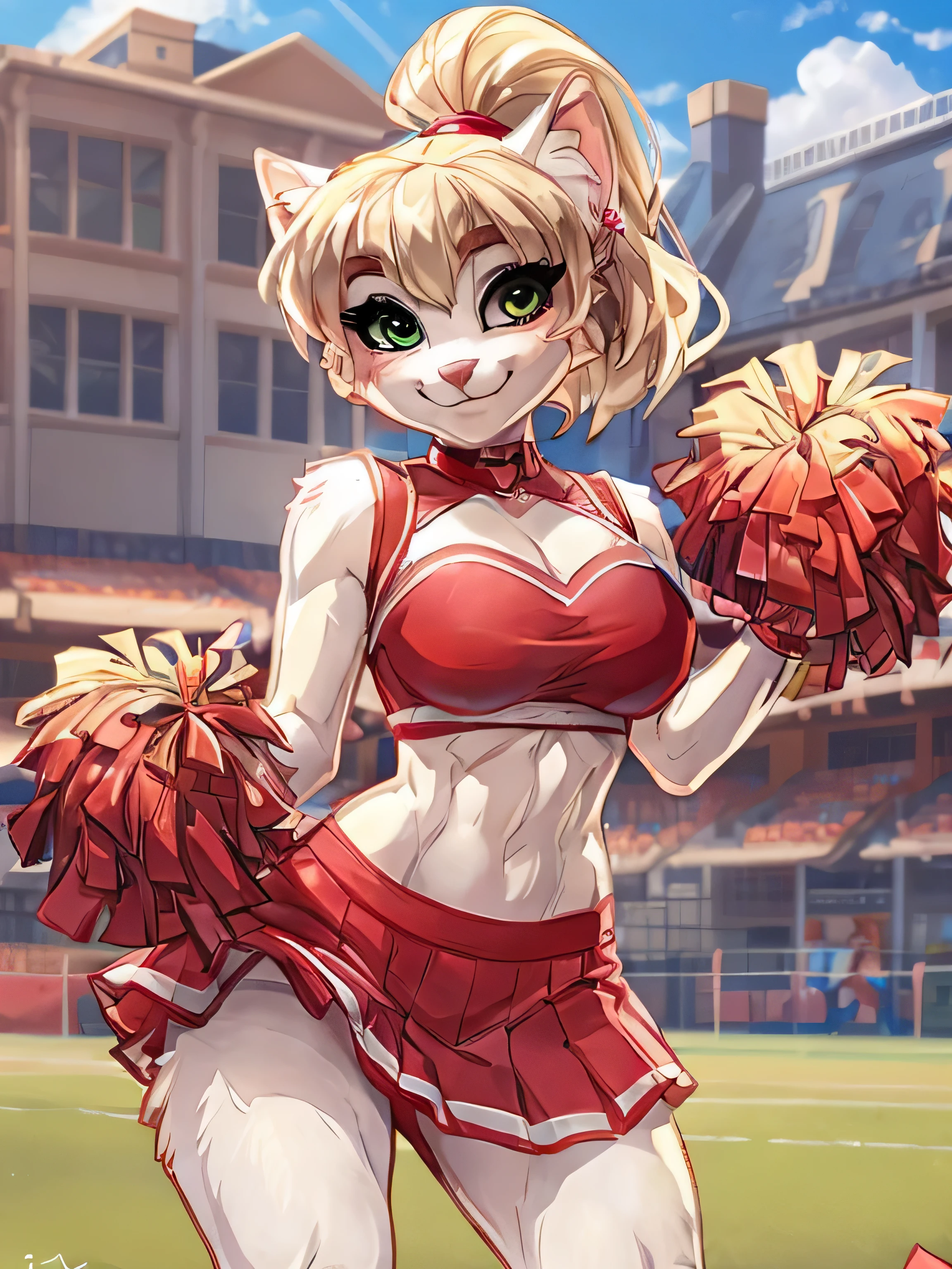 (Alisa Vald by iskra), female, anthro, (white fur), female cat, blonde hair with a ponytail, tin blonde eyebrows, green eyes:0.8, medium hips, big breasts, (red cheerleader), schoolyard