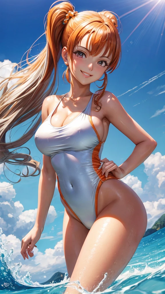 (masterpiece), (very high resolution), (highest quality), (very detailed), (high resolution),

dq8jessica, orange twin tails, silver high leg one piece swimsuit, glamorous big breasts,
smiling face,

Blake

beautifully detailed eyes,
(beautifully detailed face),
standing pose,

outdoors, daytime, blue sky, sunlight,
depth of field, field,