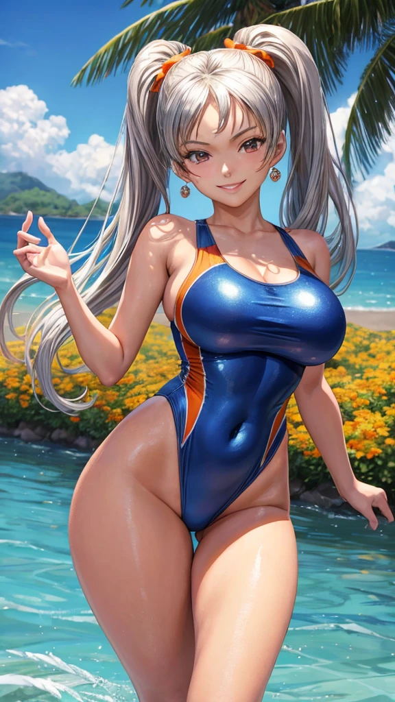 (masterpiece), (very high resolution), (highest quality), (very detailed), (high resolution),

dq8jessica, orange twin tails, silver high leg one piece swimsuit, glamorous big breasts,
smiling face,

Blake

beautifully detailed eyes,
(beautifully detailed face),
standing pose,

outdoors, daytime, blue sky, sunlight,
depth of field, field,