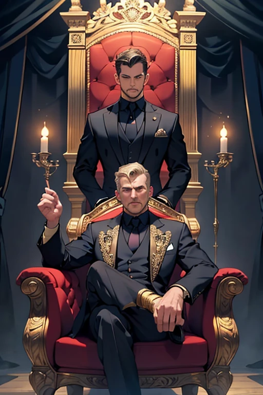 Tom Redell is sitting on a grand throne, that exudes a sense of power and authority. The throne is adorned with luxurious details, like intricate carvings and perhaps even a velvet or leather covering. Tom is dressed in an elegant suit, which is perfectly fitted and enhances your imposing presence. Your suit can be a deep shade, like navy blue or black, with a well-chosen tie and an impeccable shirt.

Harry is sitting on Tom&#39;s lap, looking small and amazed. He wears a suit similar to Tom&#39;s, perhaps in a lighter tone or with details that reflect your youth, like a tie with a pattern or brighter colors. Harry&#39;s posture is confident, but at the same time he carries a feeling of admiration for his father.

The scene is lit in a way that highlights the importance of the two, with a soft light that creates a striking contrast with the background. The surrounding environment is sophisticated, maybe with heavy curtains and elegant furniture, complementing the image of authority and style.

This image not only captures the relationship between father and son, but also reflects an aura of power and sophistication, with both characters showing an air of confidence and grandeur.