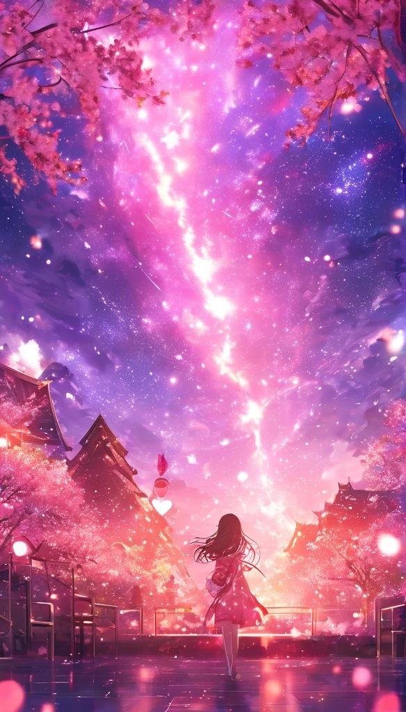masterpiece, Concept Art, Panorama, in the center, shape, Wide Shot, garden, night, (meteor), Space galaxy background, (Great composition, Epic scale), Dynamic Lighting, Bright colors, cherry blossoms,1 Girl,Glowing light particles、heart、heart、love affair