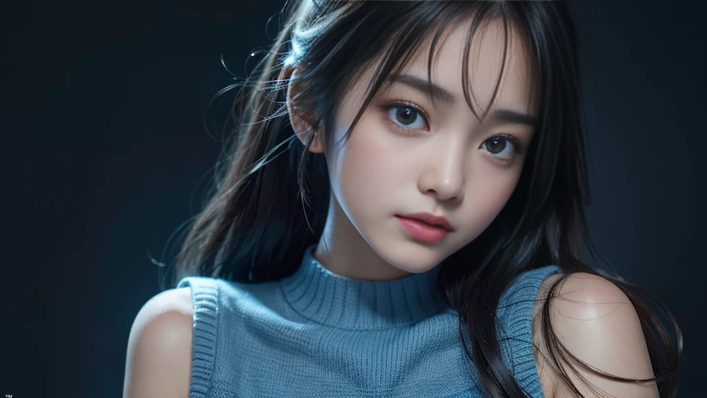 Flying debris、Highest quality、shape、 Very detailed、Finer details、 High resolution、8K デンデ wallpaper、完璧なダイナミックな構shape、24 year old beautiful girl、clear、細部までbeautiful顔、beautiful, Detailed eyes、Textured skin、A faint smile、Small breasts、Knitted dress、Neon Light、Blue background,whole body