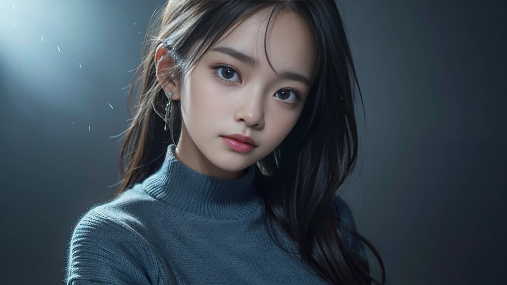 Flying debris、Highest quality、shape、 Very detailed、Finer details、 High resolution、8K デンデ wallpaper、完璧なダイナミックな構shape、24 year old beautiful girl、clear、細部までbeautiful顔、beautiful, Detailed eyes、Textured skin、A faint smile、Small breasts、Knitted dress、Neon Light、Blue background,whole body