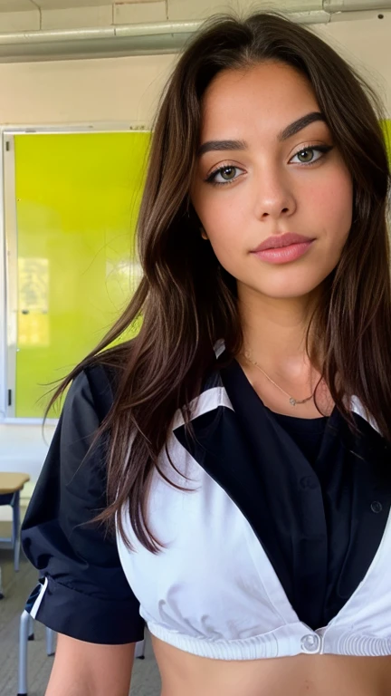 Jolie bella morena con uniforme escolar un autophoto (black has) (at a school), autophoto, Macromastia, low cut, Very detailed, 13 years, innocent face, naturally straight hair, blue eyes, High resolution, boss'Works by'until, Best Quality, intricate details, Very detailed, sharp focus, detailed skin, texture de peau realist, texture, detailed eyes, professional, 4k, charming smile, taken with Canon, 85mm, Slight depth of field, Kodak Vision Color, perfectly fitted body, extremely detailed, Photography_\(ultra\), photographiquerealist, realist, Post treatment, maximum details, roughness, real life, ultrarealist, photorealism, Photography, 8k uh, Photography