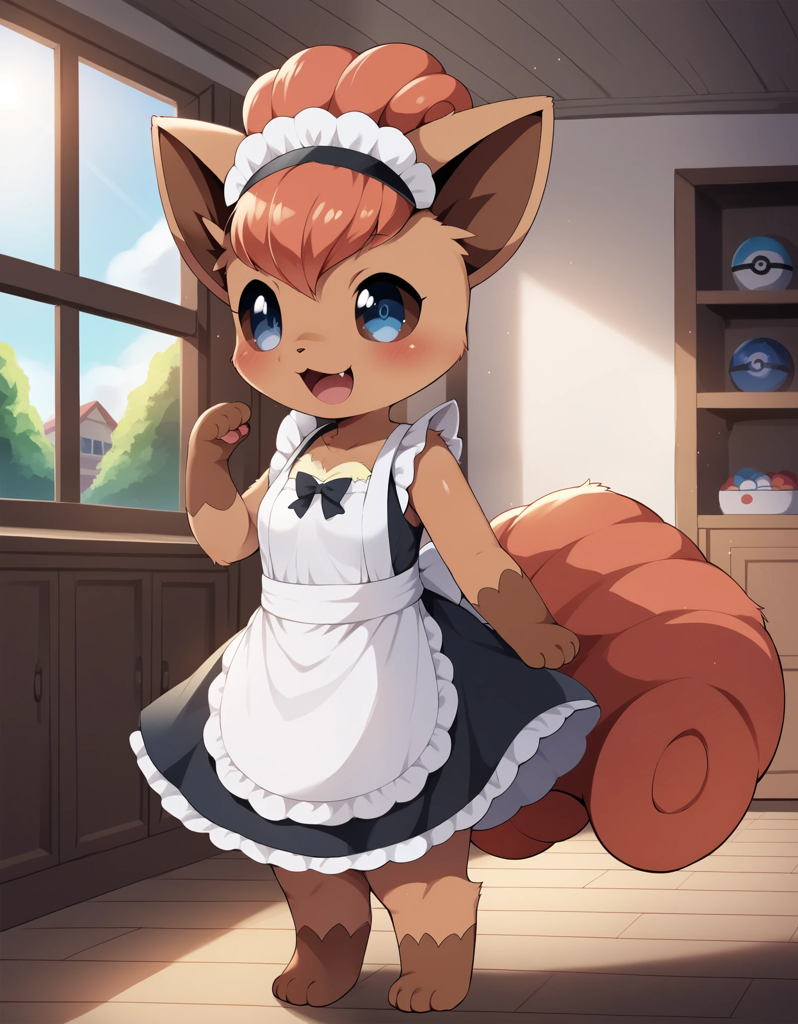 dagasi, body fur, score_9, score_8_up, score_7_up, score_6_up, rating_questionable, anthro, (furry, anthro:1.2) (detailed fluffy fur), solo, furry female, pokemon (creature),,vulpix , cute, ,pokemon, (small breasts), ,cute, cute eyes, cute head), (beautifully detailed face, oily shiny skin), (detailed eyes, sharp eyes, clear pupils:0.8), masterpiece, happy, hands empty, smile,mouth, background living room,house,dressed, wear maid outfit, 