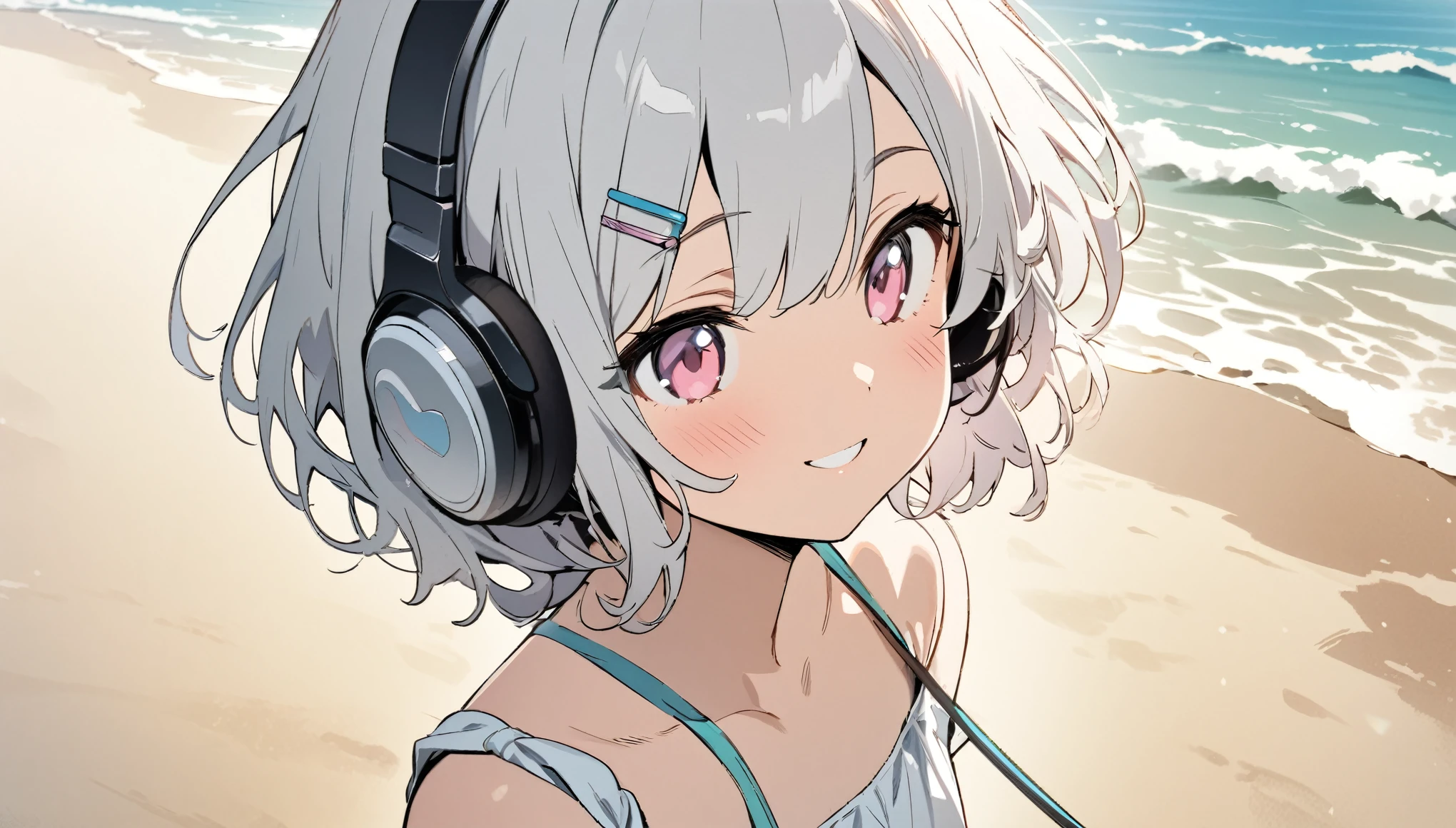one girl, silver short hair and bob hair、I tied my hair in a bun with a hair clip..、beautiful pink eyes、smile、gentle smile on her face、flat chest, one Beautiful girl,((masterpiece, illustration, best quality)by the beach sea shore walking around the beach with her headphones on,