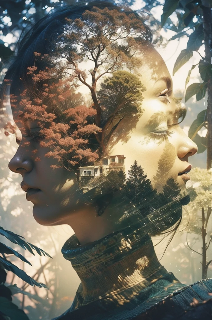 masterpiece, digital imaging, photography, double exposure, centered, white background, 1girl, elf, mythical forest, volumetric lighting, Symmetric, vibrant color, (epic composition, epic proportion), HD，Environmental Theme，eco