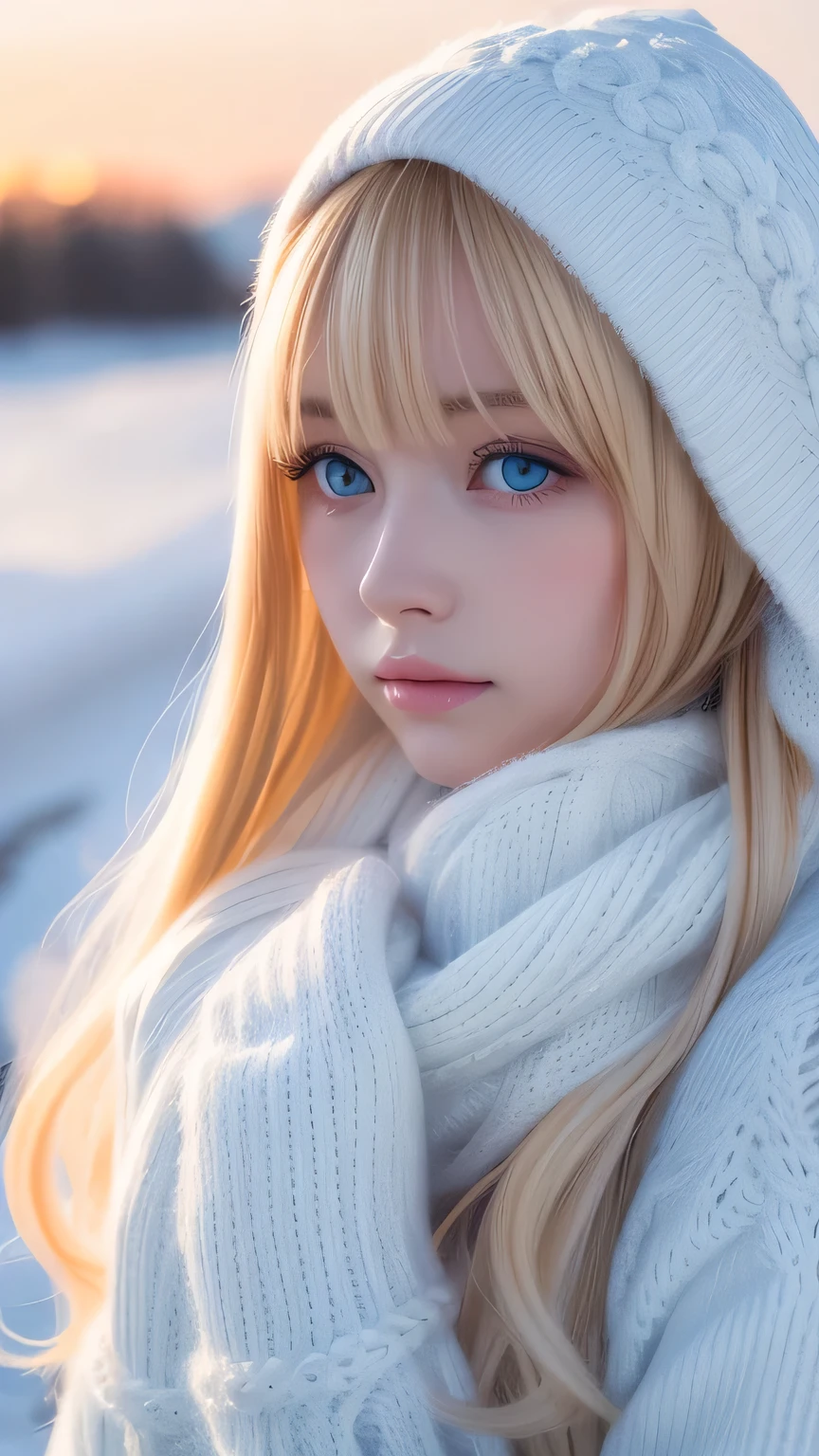 alone, very beautiful nordic girl、Shiny light blonde hair, Beautiful super long straight dazzling blonde hair fluttering in the strong wind,Long bangs obstruct the view、 Very large eyes are pale sky blue, Detailed face, White and beautiful skin、Cheek gloss highlighter、Mittens, White scarf, whole body, Snow Forest, Attractive areas, (Blushing your nose, Heavy breathing:1.1), (dark:1.4)
