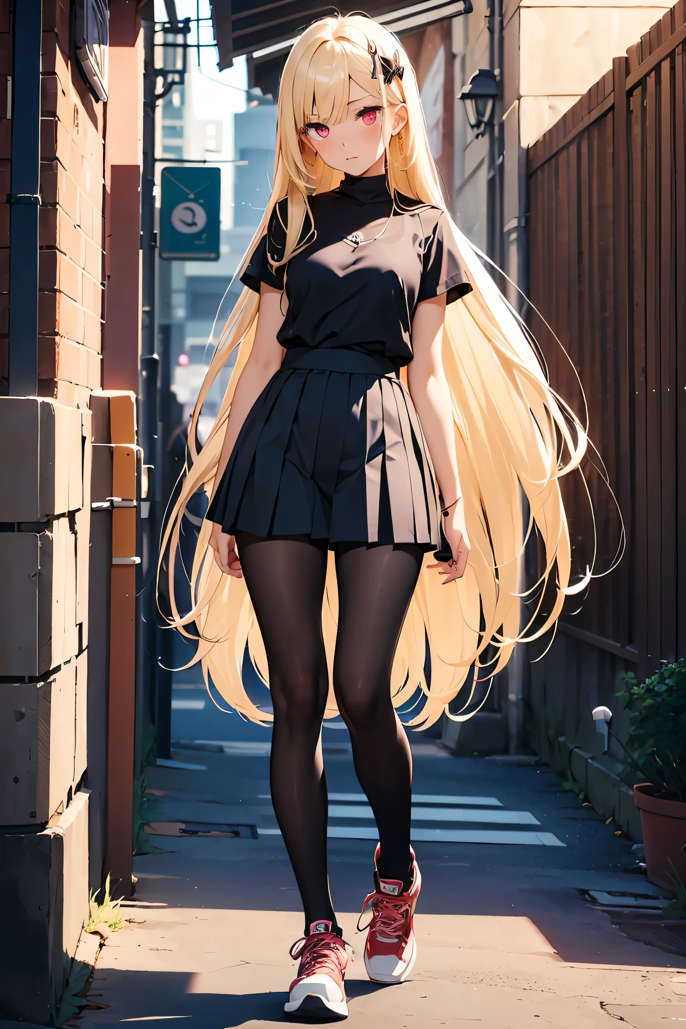 ((1 girl)), Bad mood, Bad mood, Latest Fashion Trends, (Hairpins in the bangs), younger sister, Pleated skirt, sneakers, Denim shorts, Black Pantyhose, cute young sister, Full Body,((Very detailed,Highest quality, High resolution, 8k wallpaper, Beautiful clothes,)),((bionde, Long Hair,Straight hair)), blush , (Crimson Eyes),eye shadow, eyeliner,Glow Eye, Very detailedな目, Beautiful Eyes, 14-year-old girl, Accurate anatomy