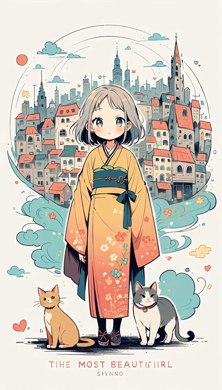 white background, Watase Seizo style, kimono, Simple line initials,gray hair, shining pupils,((city, cat)), (((The Most Beautiful Girl))), full body,