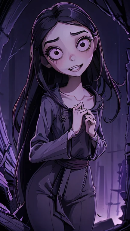 best quality,masterpiece,1girl,solo,(((ars old)japanese girl,an extremely cute and handsome girl,highly detailed beautiful face and eyes,petit,cute face,lovely face,baby face,shy smile,show teeth, Black hair,long hair,flat chest,skinny,slender,(((wearing a asha costume))),(((standing in Dark Midnight gothichorrorai Disneyland))),she is looking at the viewer, TimBurton Animation style,upper body close up
