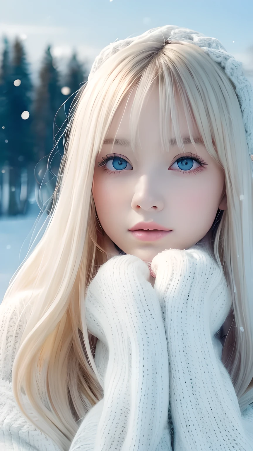 alone, very beautiful nordic girl、Shiny light blonde hair, Beautiful super long straight dazzling blonde hair fluttering in the strong wind,Long bangs obstruct the view、 Very large eyes are pale sky blue, Detailed face, White and beautiful skin、Cheek gloss highlighter、Mittens, White scarf, whole body, Snow Forest, Attractive areas, (Blushing your nose, Heavy breathing:1.1), (dark:1.4)
