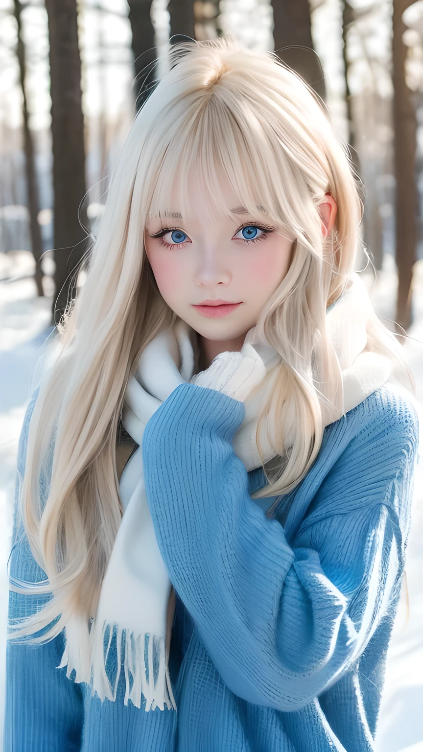 alone, very beautiful nordic girl、Shiny light blonde hair, Beautiful super long straight dazzling blonde hair fluttering in the strong wind,Long bangs obstruct the view、 Very large eyes are pale sky blue, Detailed face, White and beautiful skin、Cheek gloss highlighter、Mittens, White scarf, whole body, Snow Forest, Attractive areas, (Blushing your nose, Heavy breathing:1.1), (dark:1.4)