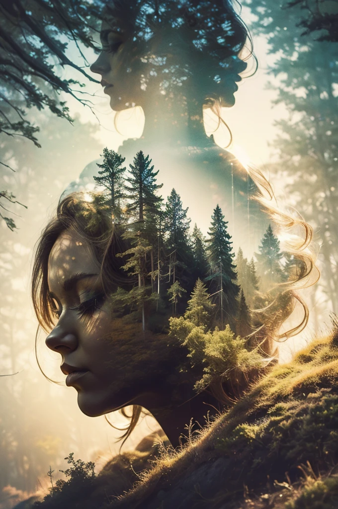 masterpiece, digital imaging, photography, double exposure, centered, white background, 1girl, elf, mythical forest, volumetric lighting, Symmetric, vibrant color, (epic composition, epic proportion), HD，Environmental Theme，eco