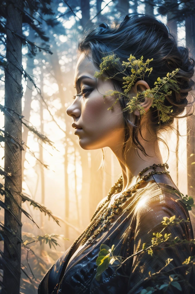 masterpiece, digital imaging, photography, double exposure, centered, white background, 1girl, elf, mythical forest, volumetric lighting, Symmetric, vibrant color, (epic composition, epic proportion), HD，Environmental Theme，eco