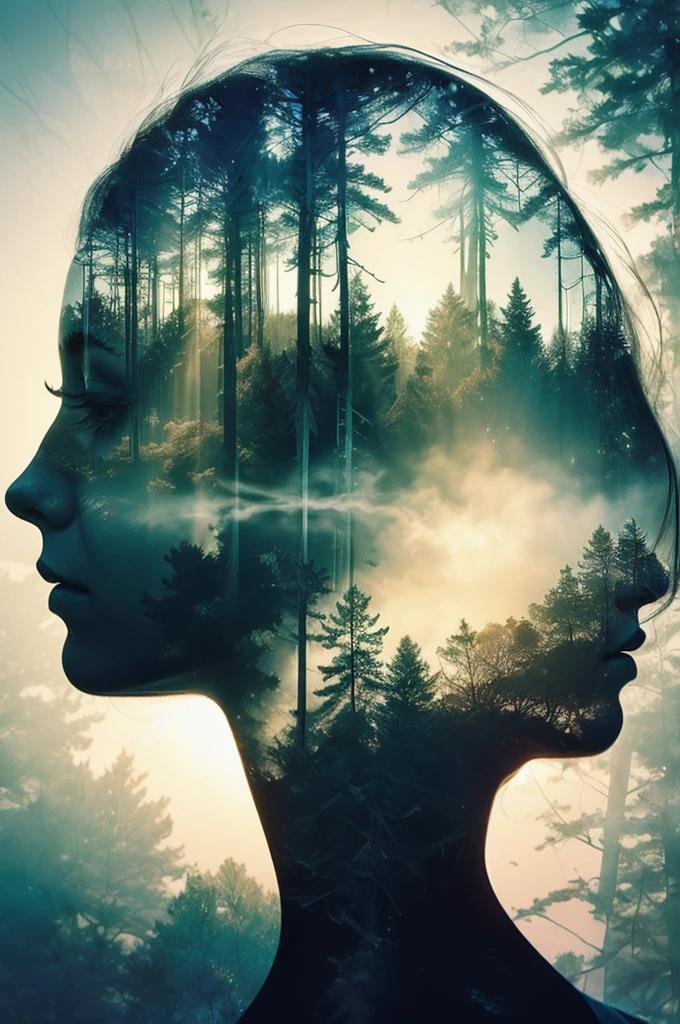 masterpiece, digital imaging, photography, double exposure, centered, white background, 1girl, elf, mythical forest, volumetric lighting, Symmetric, vibrant color, (epic composition, epic proportion), HD,Environmental Theme,eco