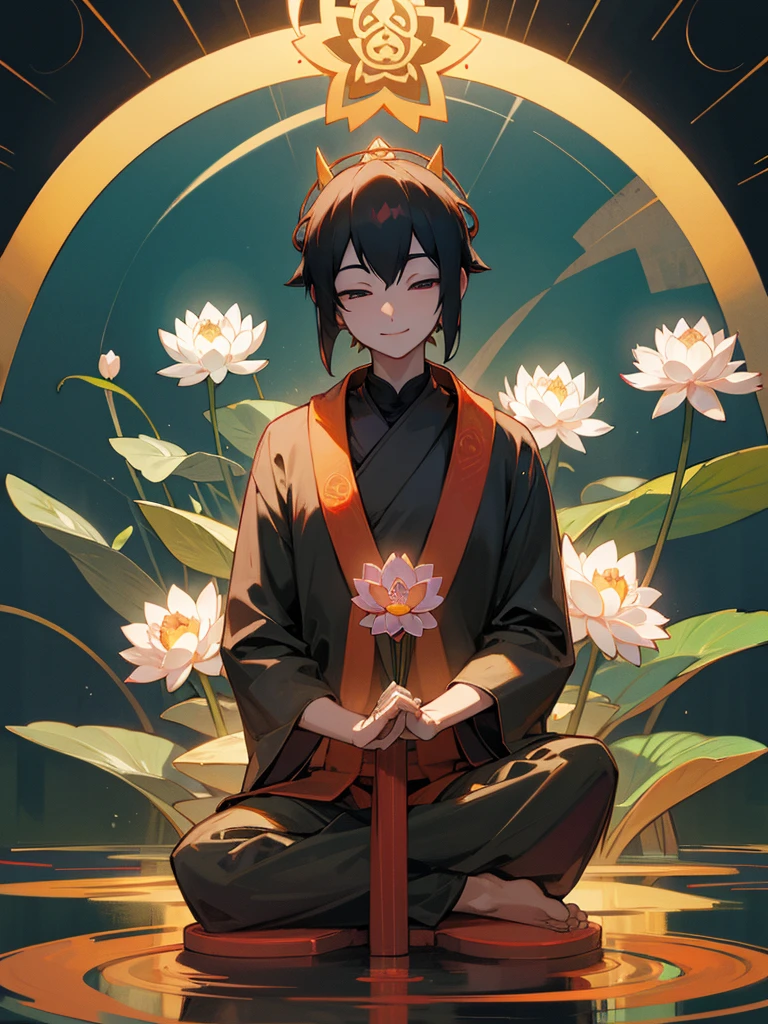 Amitabha Buddha Smile Lotus Flower Zen Meditation Prayer Black Hair Third Eye Halo Pure Land
