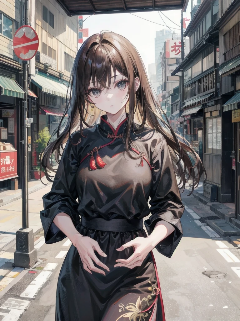 (Perfect Anatomy,top-quality、The ultra -The high-definition、hight resolution、extremely details CG、8K Unit Wallpapers),cowboy shot,portrait,1woman,solo,20 year old beauty,Japanese,((Beautiful detailed eyes)),brown eyes,shy,brown hair,long hair,bangs,((black cheongsam dress、short length、deep slit)),bustling street、street,Tokyo、natural sunlight、