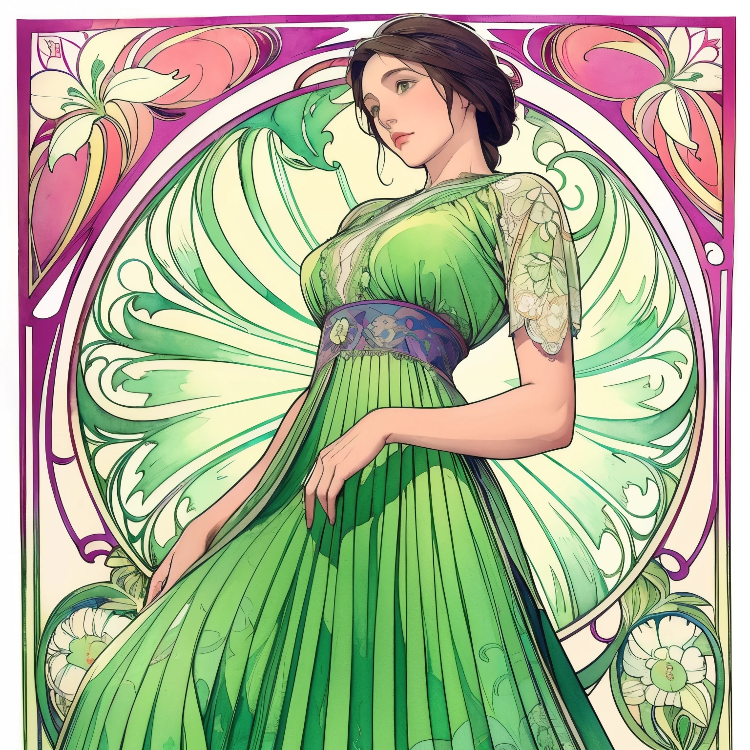 ((masterpiece)), (Highest quality), Art Nouveau watercolor, (Simple style), Green Dress, Butterfly Heart, Pleated lace, edwardian lace dress , Flower-like_background, Intricate designs and patterns in the style of Alphonse Mucha.From below.