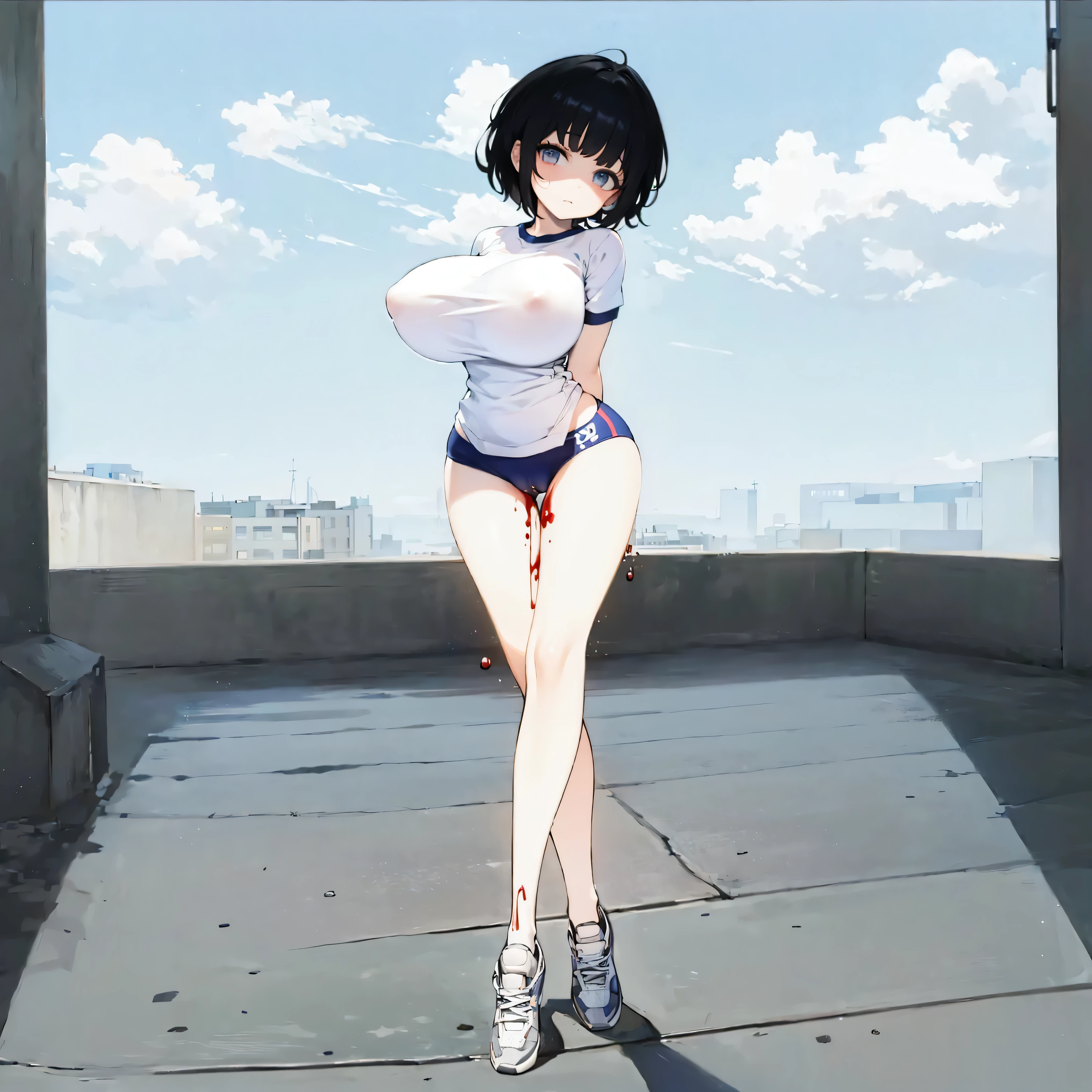 (solo), skinny girl standing in primary school, arms behind back, (very short tight brm), (thigh gap:1.2), (gym uniform), (swaying back), (show off cameltoe for viewer:1.2), (bursting huge breasts:1.2), (disproportionately huge breasts), BREAK, long (skinny legs), BREAK, school buildings in background, BREAK, nsfw, orgasm, expressionless, coverd erectile nipples, (coverd erectile clitoris:1.2), (brm digging deep into cameltoe), (blood dripping down on thighs from cameltoe:1.5)