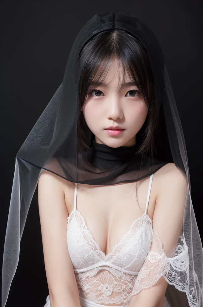 Thick Fog、Thick Fog、Thick Fog、Thick Fog、medicine、art,(8k), (Highest quality: 1.2), (Realistic), (Realistic: 1.37), Ultra-high resolution,(((artファッション写真)))、(((暗闇のThick Fog)))、sitting、Illuminated with enchanting lighting、 (((Wear a thin veil around your chest)))、15 year old naked japanese girl, Small breasts、cute, Young Face、Show me your beautiful and precise vagina、((((black background))))