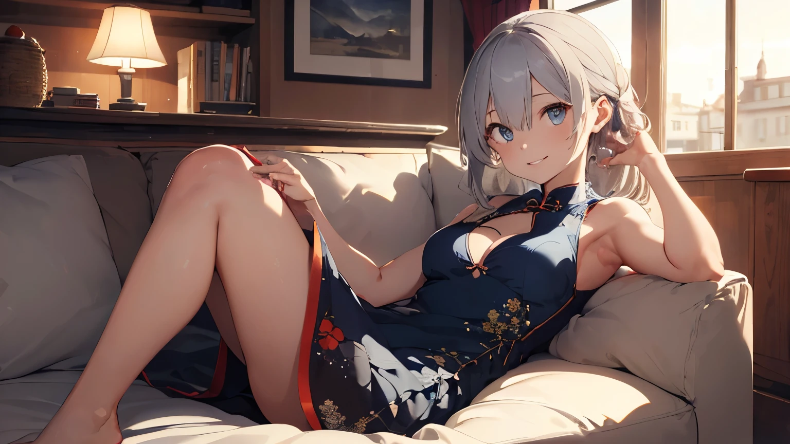 (masterpiece, of the highest quality, ultra high resolution, Super detailed), (realist, photorealist:1.4), Beautiful illustrations, perfect lighting, natural light, showy, Depth of written limits., Surrealism, looking at the viewer, 1 girl, , 7 head and body, perfect face, (perfect anatomy), Beautiful symmetrical face, baby face, shiny skin, (ideal body proportions), ( silver hair,by the wide), hair between the eyes, dark blue eyes, long eyelash, (big breasts:1.2, seductive thighs), delgado, small ass, thin, beautiful hair, beautiful face, detailed and beautiful eyes, beautiful clavicle, beautiful body, beautiful breasts, beautiful thighs, Beautiful feet, beautiful fingers, ((long cheongsam dress)), barefoot, (beautiful landscape), evening, (sofa), (smile:1.5, happiness),