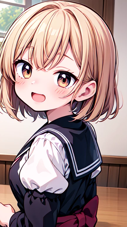 Let's think step by step,Highest quality, masterpiece, Ultra-high resolution, 8k,Show anime style ,Soft Line Art, Digital Enhancement, shojo anime touch, shojo manga core, Flowing fabric, close, Soft Drawing, Ultra-Definition Digital Anime Art, Clear facial depiction, Super detailed girl cartoon character art, Ultra-detailed manga style, Highest qualityの色,(((Upper body close-up))), (Tabletop,Highest quality:1.4),(8k,RAW Photos,Like the picture:1.2), Detailed skin,Detailed face,Woman with short brown hair,clear brown eyes, Anatomically perfect hands,A little chubby,Small breasts,Small butt,Japanese Idols,Cute Face,Eyes closed,Mouth open showing upper teeth,Laughing happily