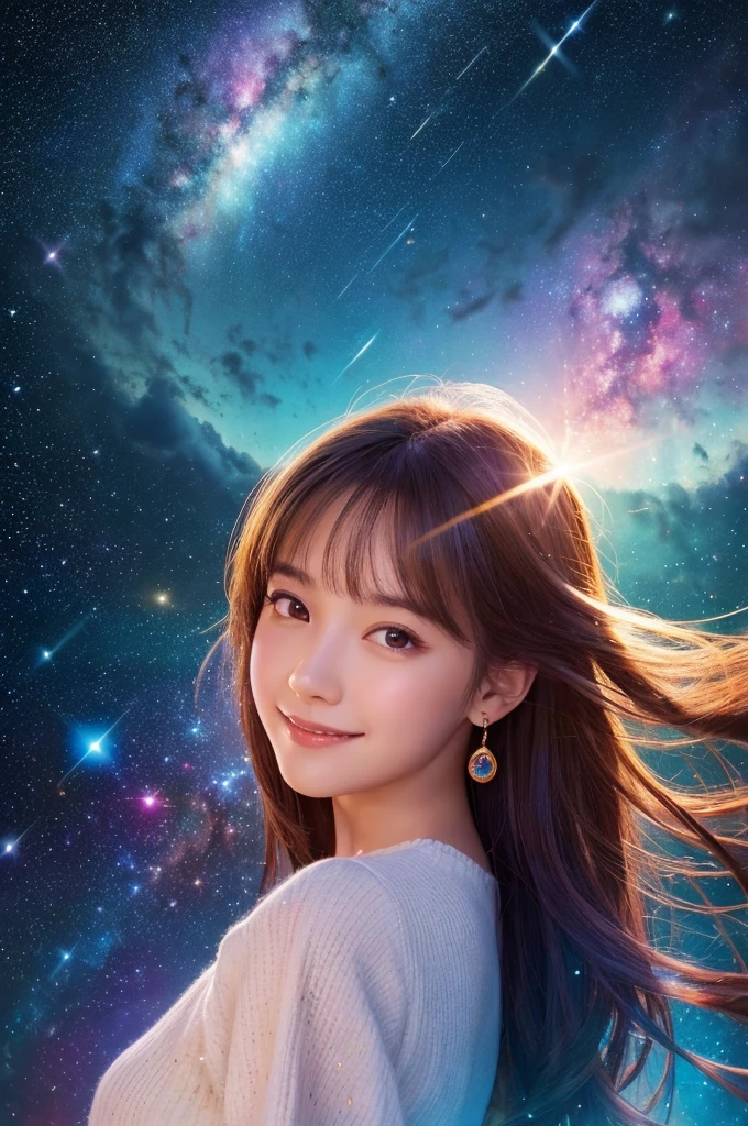 Attention to detail, Super Detail, Ultra-high resolution, A girl having a good time in a dream galaxy, Surrounded by stars, The warm light that shines on her, The background is a starry sky with colorful galaxies and galactic clouds, The stars fly around her, Delicate face, Add a playful touch , --v6
