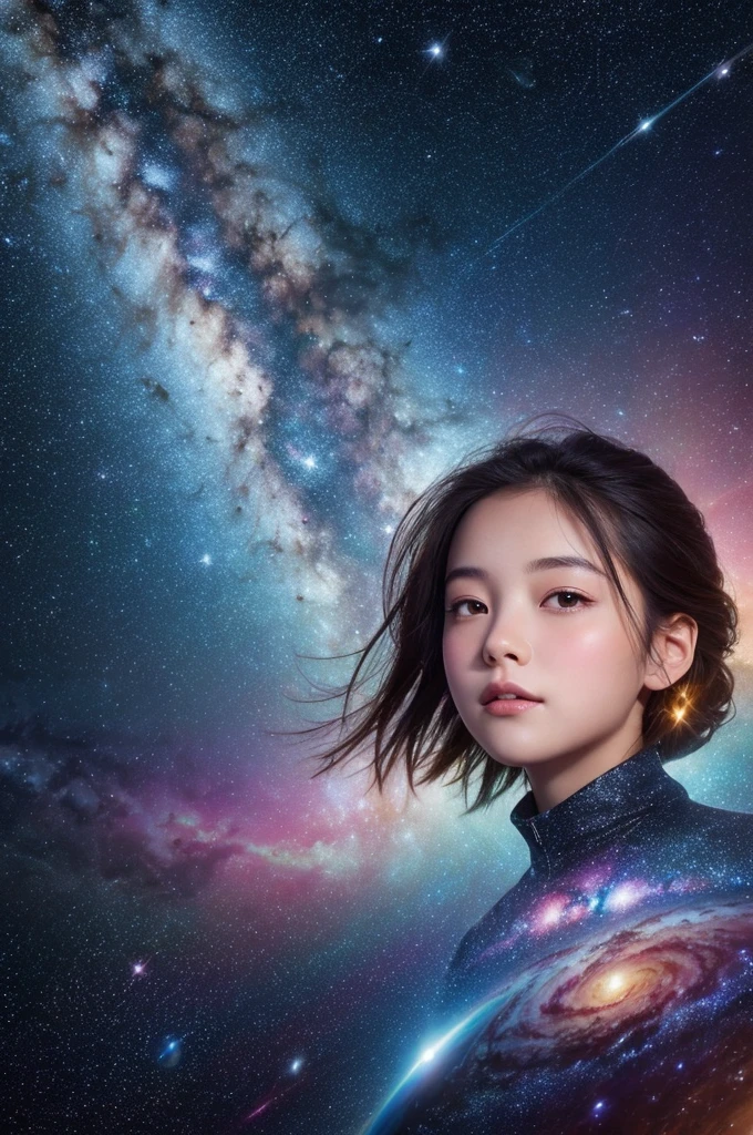 Attention to detail, Super Detail, Ultra-high resolution, A girl having a good time in a dream galaxy, Surrounded by stars, The warm light that shines on her, The background is a starry sky with colorful galaxies and galactic clouds, The stars fly around her, Delicate face, Add a playful touch , --v6