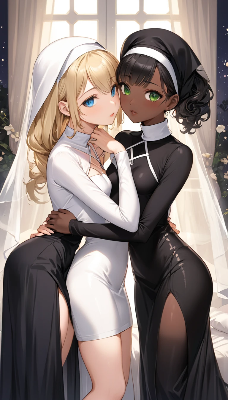 Two beautiful 13y old girls ((girl 1 with mid straight ponytail blonde hair, girl 1 with green eyes and caucasian skin, girl 1 wearing Tight and Short Dress, girl 1 Sexy Criss Cross Mock Neck Mid Sleeves White Wedding Dress)), ((girl 2 with short curly black hair, girl 2 with blue eyes and ebony skin, girl 2 wearing Tight and Short Dress, girl 2 Sexy Criss Cross Mock Neck Mid Sleeves Black Nun Dress)), luxurious jewelry, 18k gold wedding ring on left hand, standing in their bedroom at night, hugging and kissing each other, (light brown lipstick), (elegant mascara), (slim body), (small breasts), (wide hips), midjourney, <lora:GoodHands-, <lora:GoodLegs-, UHD, high resolution, (expressive eyes, perfect face, full body, expressive face, perfect body, perfect pussy, athletic, fit, slim body, blushing, Perfect makeup, eyeliner, beautiful eyelashes, smiling, horny face), ((best illumination, best shadows)), ((sexy pose)), ((Front pov:1.7))
