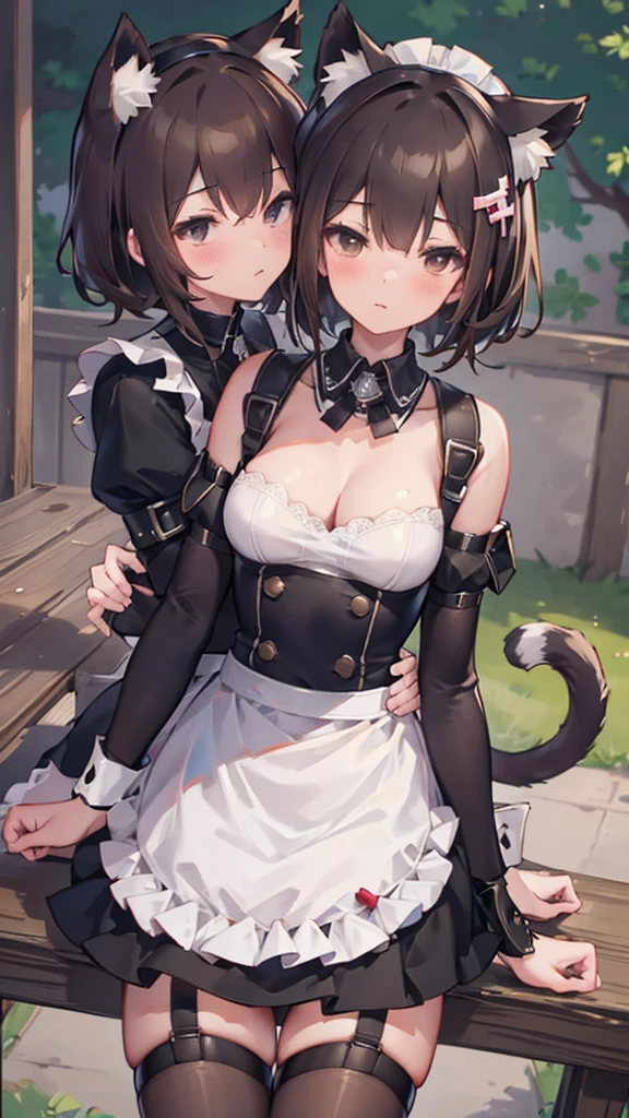 Best quality, masterpiece, super high resolution, 8k, 2 girls kissing, depth of field, cat ears, brown hair, maid outfit, combat maid, tactical, harness, stockings