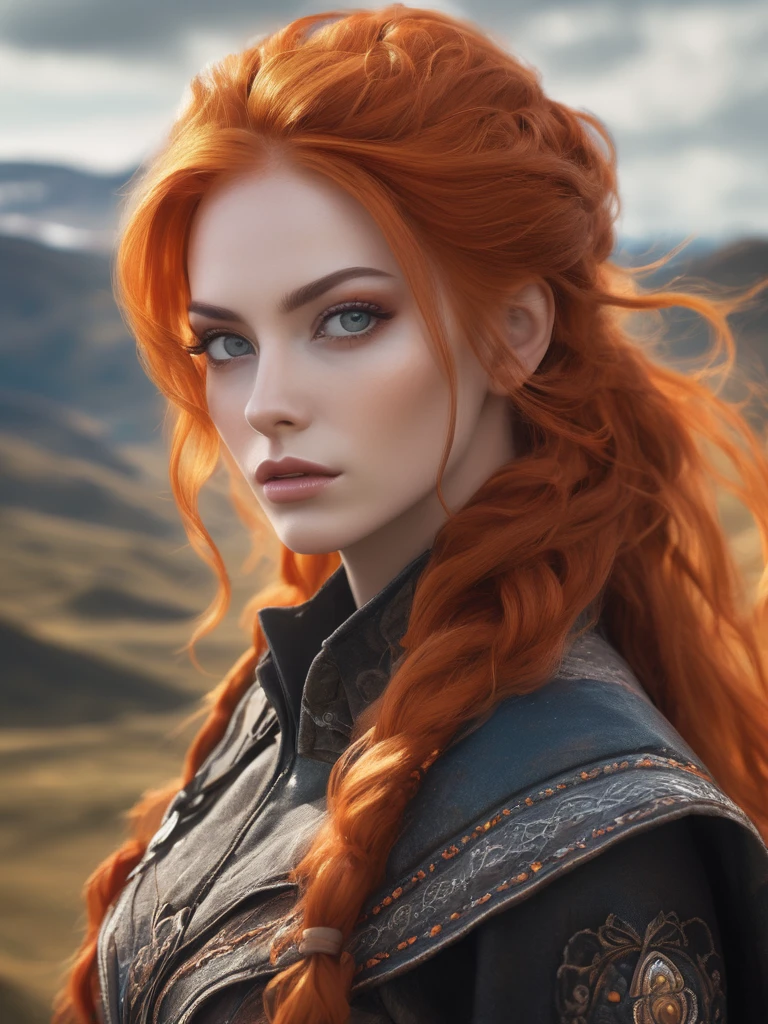 1girl, beautiful, orange hair, fantastical hair, standing in the highlands, eyeliner, focus on eyes, intricate detailed background, cowboy shot, sfw