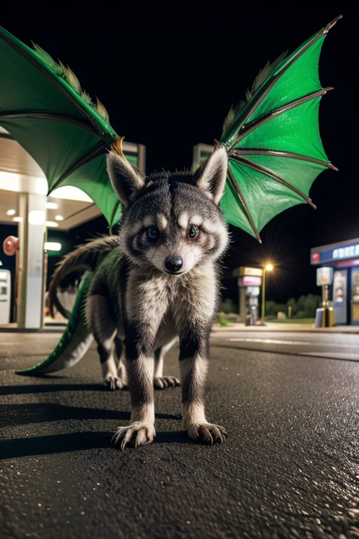 dragon raccoon whit wings and green fur on all fours in the parking lot of a gas station at night