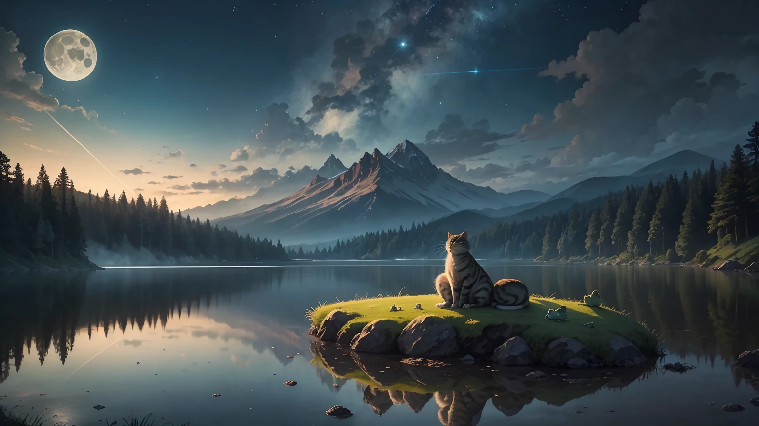 At the edge of a serene lake, a peaceful cat sleeps soundly on the back of a mysterious giant toad, surrounded by several smaller toads and frogs. The atmosphere is tranquil, with a touch of subtle magic. The night sky is filled with a full moon, scattered clouds, and a twinkling starry web above. The style is hyper-detailed, high-quality digital art, emphasizing the serene ambiance of the scene.