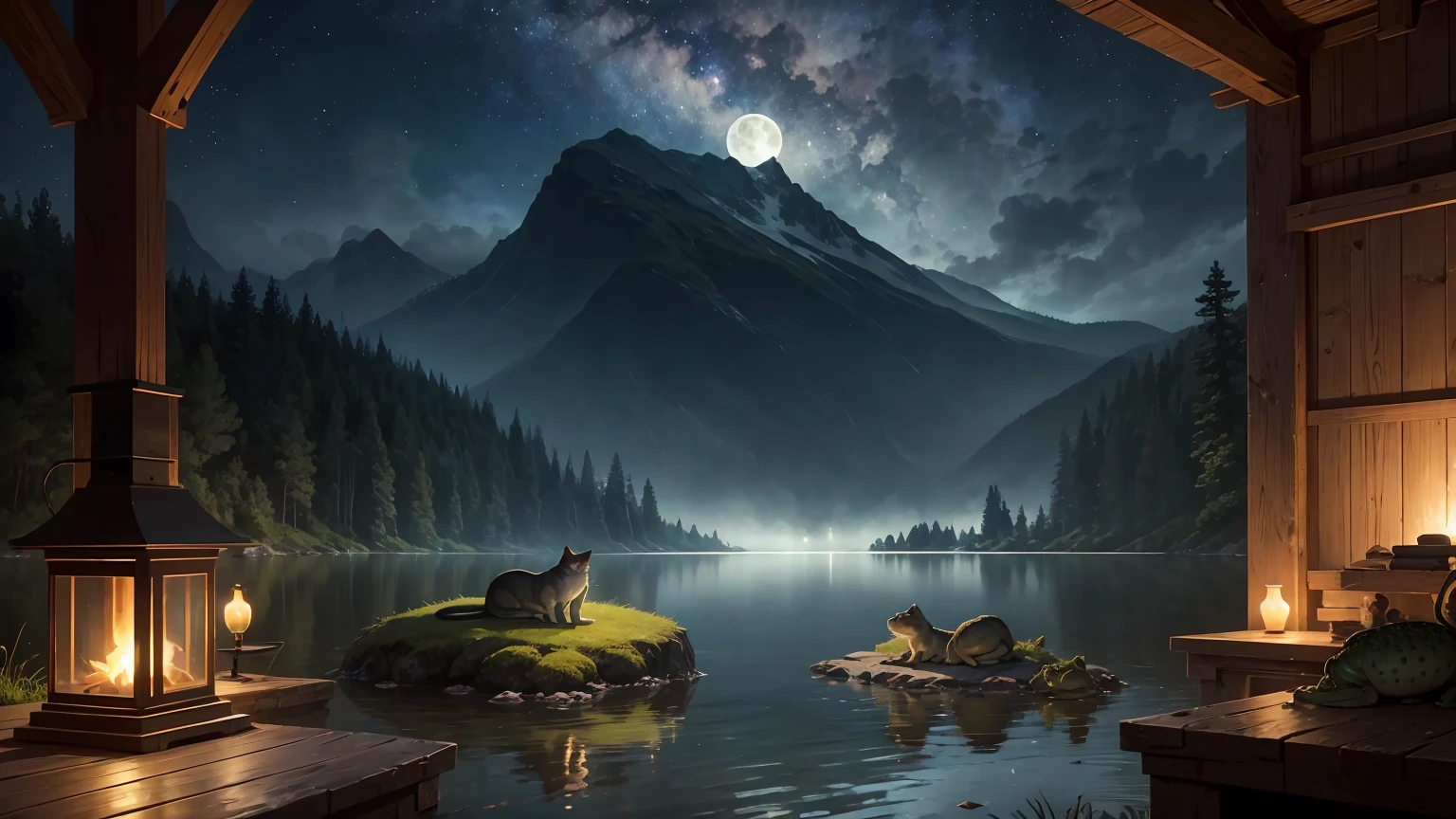 At the edge of a serene lake, a peaceful cat sleeps soundly on the back of a mysterious giant toad, surrounded by several smaller toads and frogs. The atmosphere is tranquil, with a touch of subtle magic. The night sky is filled with a full moon, scattered clouds, and a twinkling starry web above. The style is hyper-detailed, high-quality digital art, emphasizing the serene ambiance of the scene.