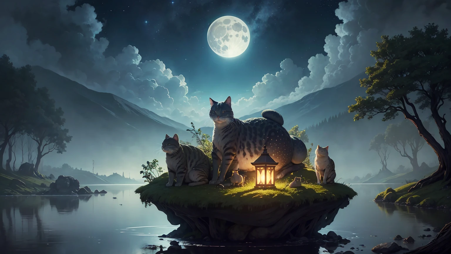 At the edge of a serene lake, a peaceful cat sleeps soundly on the back of a mysterious giant toad, surrounded by several smaller toads and frogs. The atmosphere is tranquil, with a touch of subtle magic. The night sky is filled with a full moon, scattered clouds, and a twinkling starry web above. The style is hyper-detailed, high-quality digital art, emphasizing the serene ambiance of the scene.