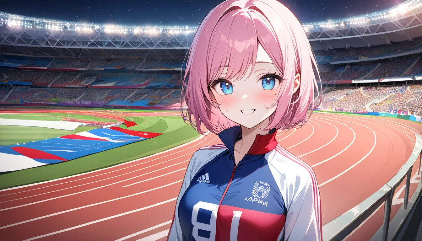 (1 girl),(Best Picture Quality, 8K, Masterpiece:1.3), (high school student:1.5), ((pink lob hair:1.1)), (bob cut),(swept bangs), (cute eyes, pupil black, iris skyblue, youthful face), (mole under right eye), (standard weight), (small breasts),(big hip), (glistening skin:1.2),(pale skin:1.2),(smile:1.2),(track and field uniform),(sweat:1.1),((Sports Event)),(Stadium),(Night),(Olympic),(Sparkling Festivities:1.2),((magnificent view:1.1)),(some players),(japan flag).