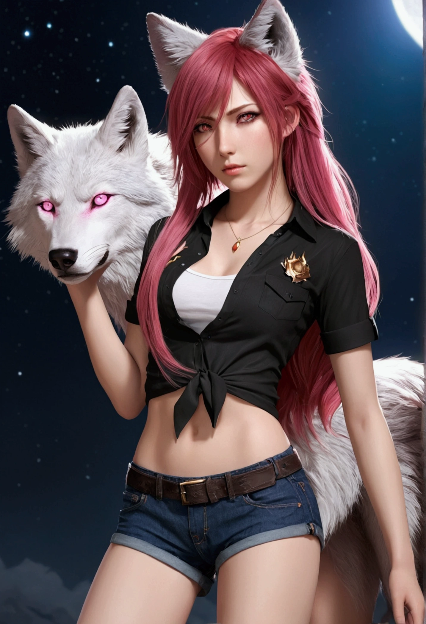 Female One,has red hair,pink eyes,wolf's ears,wolf tail,has a chest,has an ass, wearing short pants and a sexy shirt